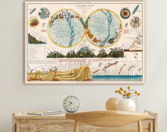 Infographic map combining a celestial map and diagrams of heights of mountains, lengths of rivers, layers of the Earth referencing Humboldt.