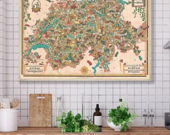 Vintage Swiss Gastronomic Map Print: 1939 Culinary Art