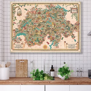 Vintage Landkarte der Schweiz - Schweizer Essen und Wein Kunst - Kulinarisches Wanddekor - Vintage Schweizer Dekor - Küchen Wandkunst