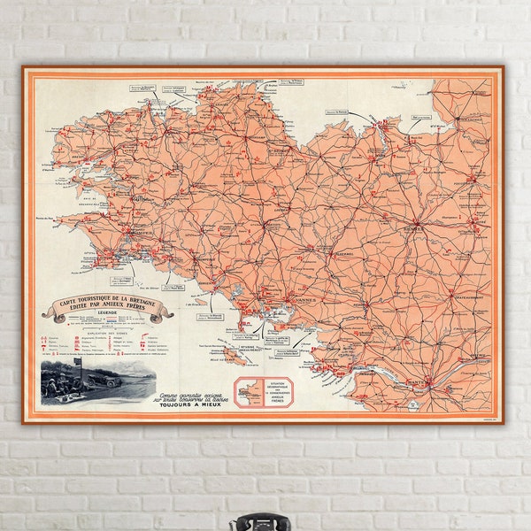 Tourist map of Brittany France, France travel map, France print, France gift, Bretagne France.