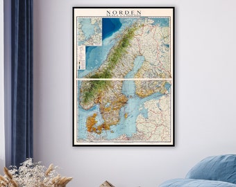 Scandinavia map vintage, NORDEN map, map of the north, Scandinavia poster map, Scandinavian home decor, Scandinavian wall art.