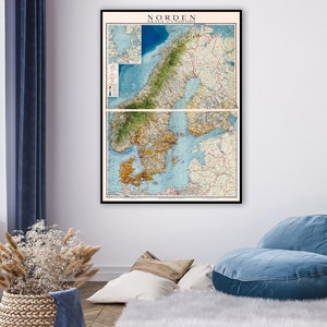 Carte de la Scandinavie vintage, carte NORDEN, carte du nord, affiche de la carte de la Scandinavie, décoration d'intérieur scandinave, art mural scandinave.