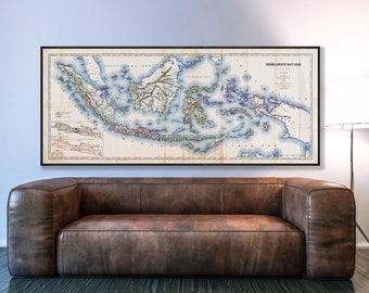 Antike Karte von Indonesien, große alte Indonesien Wandkunst, Vintage Niederländisch Ost Indien Karte.