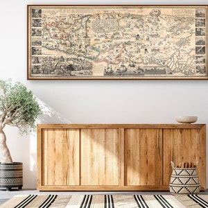 Amerikaanse muurkaart van het Heilige Land, antieke kaart van Jeruzalem, scènes uit het Oude en Nieuwe Testament, Jeruzalem kunst aan de muur, Palestina, Sinaï.