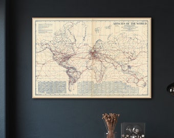 Vintage Airlines of the World Map on Mercator's projection, best airlines poster map decor.