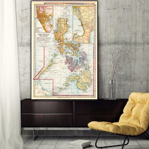 Vintage map of Philippines, old large Philippinees print home decor.