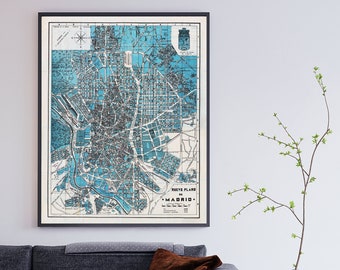 Vintage map of Madrid, shows names of streets, parks, drainage and other points of interest, Madrid Spain map wall art decor gift.