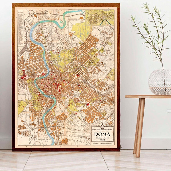 Rome Italy map print, Vintage Rome art print, Rome Italy, Roma Italia. Large Rome map poster.