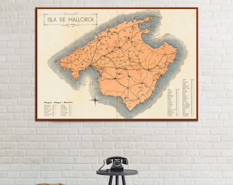 Vintage map of Mallorca, large Mallorca print, old wall map decor.