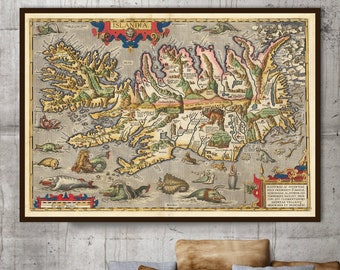 Ancient Abraham Ortelius map of Iceland, one of the most decorative maps ever made and it is full of legends and small stories.