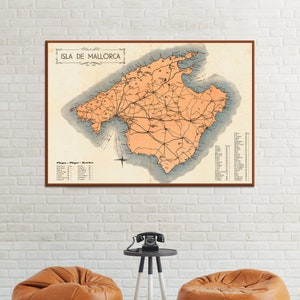 Carte vintage de Majorque, grand imprimé Majorque, décoration de carte murale de la vieille Espagne.