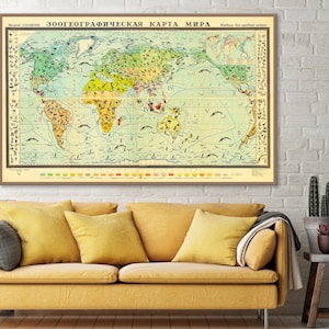 Mappa del mondo sulla fauna selvatica, poster di zoologia, mappa didattica russa d'epoca, fauna mondiale, poster sulla fauna selvatica, stampa sulla fauna selvatica, poster sugli animali.