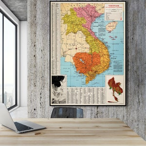 Vintage Vietnam Landkarte, Landkarte der Wirtschaftskarte von Südostasien, Nebenkarte des Freiheitskampfes in Asien, alte Indochina, Vietnam Dekor.