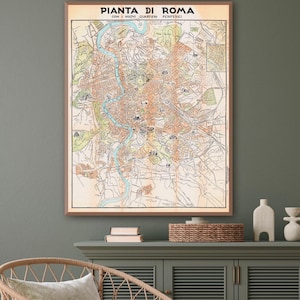 Vintage Rome map, old city of Rome Italy, large Rome wall art, mappe storiche di Roma.