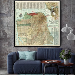 Southern Pacific Railroad City Map or Plan of San Francisco, California, San Francisco and vicinity, large San Francisco decor.