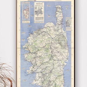 Carte routière vintage de la Corse, cartographie détaillée des îles pour la décoration intérieure