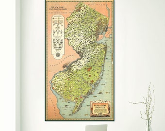 Sporting map of New Jersey showing the general distribution of wildlife including Fish, Deer, Fowl, and other Small Game, New Jersey map art