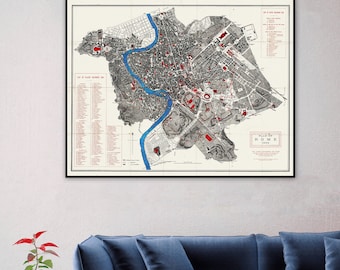 Vintage map of Rome showing Ancient Monuments, antique Rome print, Rome art print, Rome wall art.