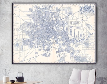Vintage map of Houston, downtown Houston with selected buildings shown pictorially, Houston decor gift.