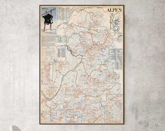 Map of winter sports in France, Ski Resorts in the French Alps, vintage tourist map of France, France poster.