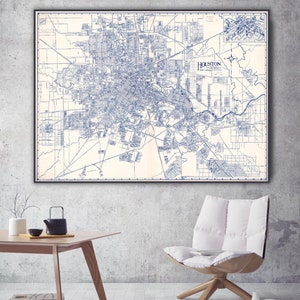 Vintage downtown Houston map with selected buildings shown pictorially, large Houston decor.