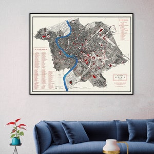 Vintage Karte von Rom mit den antiken Monumenten, antiker Rom Druck, Rom Kunstdruck, Rom Wandkunst.