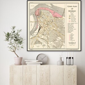 Belgrade wall map, historic Belgrade Serbia map, Belgrade print, Serbia gifts.