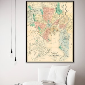 impression de carte vintage de New Haven, grande carte ancienne du Connecticut, cadeau d'art mural.