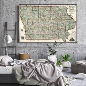 carte vintage de l'Iowa, art mural ancien de l'Iowa, impression historique de l'Iowa, grande impression de l'Iowa, art de l'état de l'Iowa, cadeaux de l'Iowa.