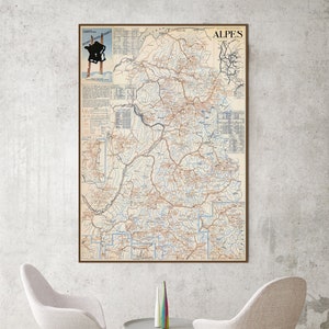 Kaart van wintersporten in Frankrijk, skigebieden in de Franse Alpen, vintage toeristische kaart van Frankrijk, poster Frankrijk.