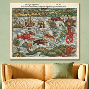 Munster Karte der Seeungeheuer und fantastischen Tierwesen, Bestiarium der Seeschlangen, berühmte Karte mythischer Meereskreaturen aus dem 16.