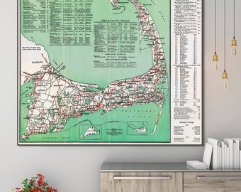 Vintage road map of Cape Cod Massachusetts, Cape Cod map print, Massachusetts decor gift.