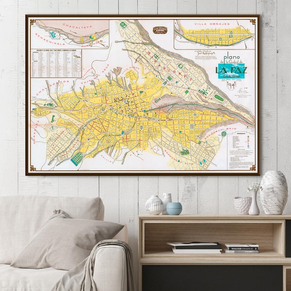 Vintage map of La Paz, old La Paz wall map, La Paz wall art, La Paz print, Bolivia gifts, Bolivia maps.