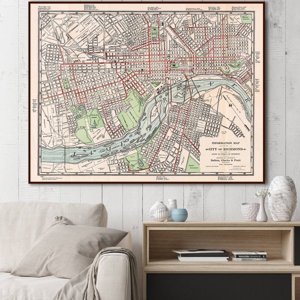 Vintage map of the city of Richmond and guide to points of interest, Richmond VA gift, Virginia maps, large Richmond wall map.