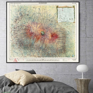 Carte du sommet du mont Kilimandjaro, massif volcanique le plus haut d'Afrique, impression emblématique de carte de montagne, carte cadeau déco Kibo, Mawenzi, Shira, Afrique.