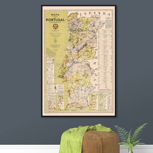 Vintage schoolkaart van Portugal, oude Portugese muurkunst, historische Portugal-print, grote Portugal-kunstprint, Portugal-cadeaus.