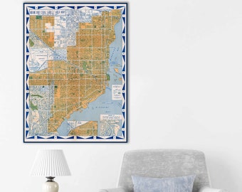 Vintage street map of the Miami and Coral Gables, large Miami wall art print gift.