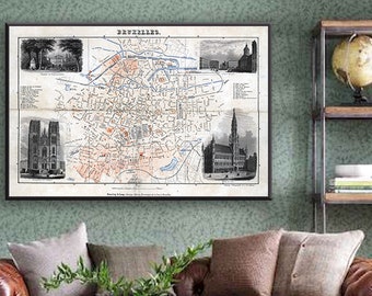 Vintage Brussel kaart print, oude kaart van Brussel en voorsteden, kunst aan de muur Brussel, België kaarten.