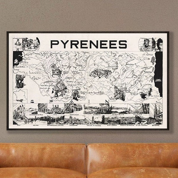 Carte des Pyrénées, carte picturale des Pyrénées, carte vintage des montagnes des Pyrénées.