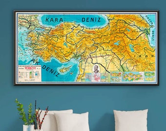 Vintage  physical map of Turkey, large scale old Turkey,art print, Turkey gift decor.