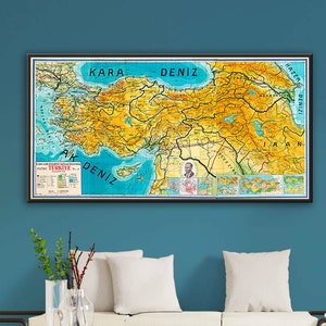 Vintage fysieke kaart van Turkije, grootschalige oude kunstdruk van Turkije, cadeaudecor van Turkije.