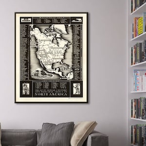 Karte von Nordamerika mit der Lage von über 100 Indianerstämmen und ihrer Aufteilung in 9 geografisch und kulturelle Gruppen.