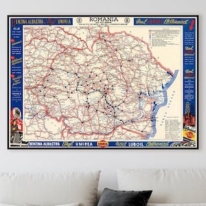 Old Romania Road Map - 1930s Vintage Travel Poster - Multilingual Print