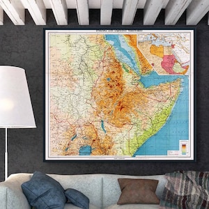 Vintage kaart van Ethiopië, oude print van Ethiopië, kunst aan de muur van Ethiopië, posterkaart van Ethiopië, Ethiopische geschenken, Ethiopië Afrika.