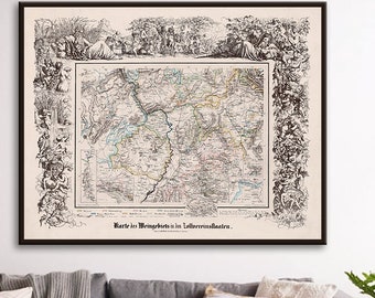 Wines of Germany, vintage German wine map art, wine gifts, wine aficionados gift map.