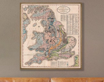 Geological map of England and Wales, William Smith Strata, famous geological map of part of Great Britain, geology gift, geology wall art.