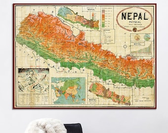 Carte vintage du Népal, publiée peu de temps après l'ascension du mont Everest par Sir Edmund Hillary, grande carte hors-texte de la montagne, impression d'art du Népal.