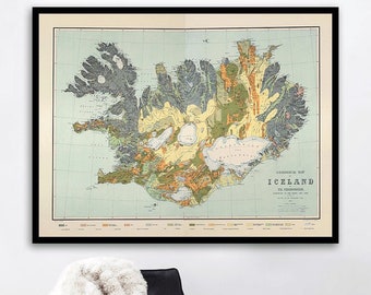 Vintage geological map of Iceland, old Iceland decor gift, Icelandic art print.