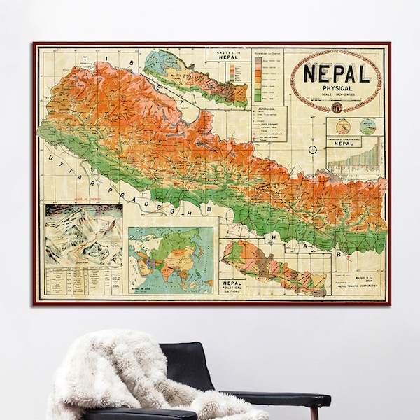 Carte vintage du Népal, publiée peu de temps après l'ascension du mont Everest par Sir Edmund Hillary, grande carte hors-texte de la montagne, impression d'art du Népal.