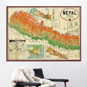 Vintage kaart van Nepal - Route naar de Mount Everest en uitzicht op Kathmandu
